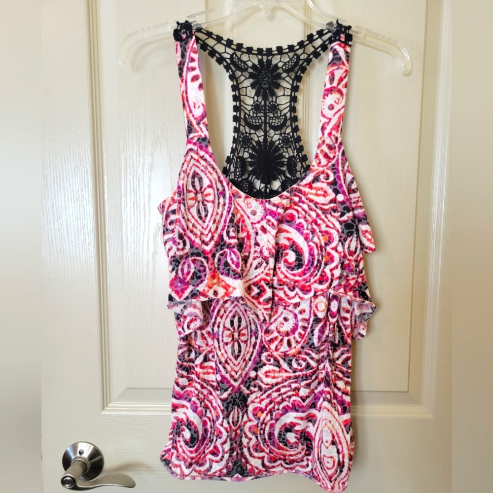 Z Byer- Lace Panel Backless Halter Ruffled Tank Top Multi color Pink Size L